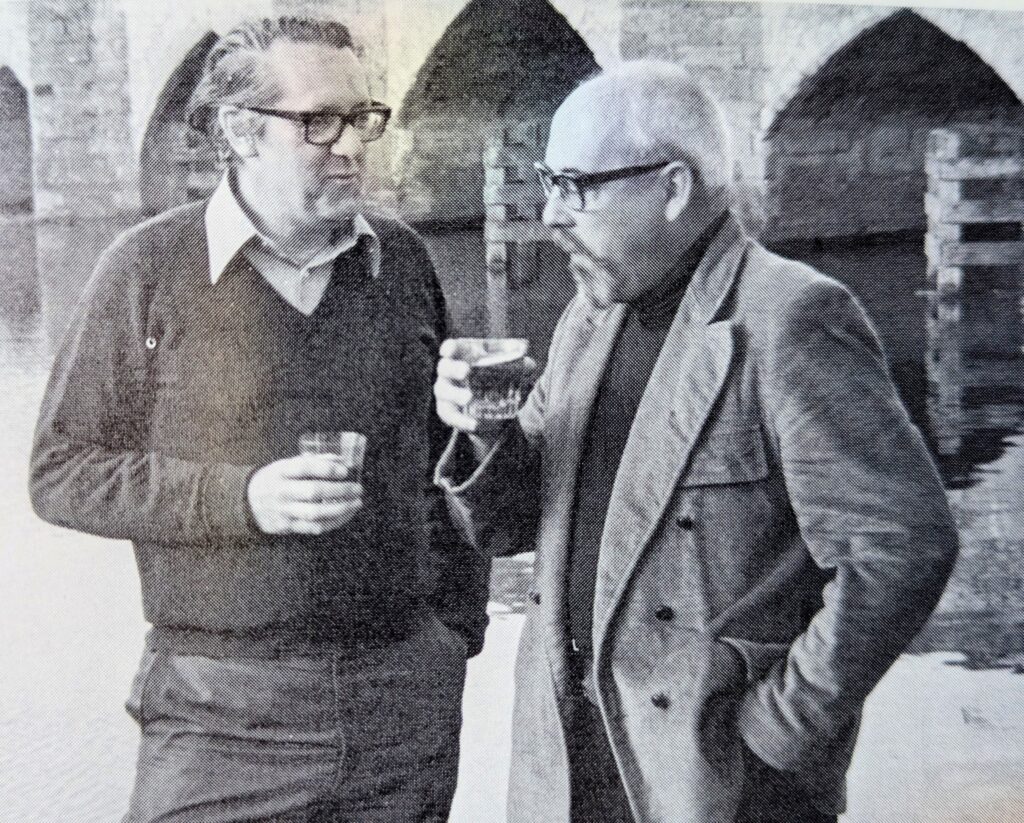 Brian Aldiss & Harry Harrison share a drink at the Rose Revived pub, Oxfordshire. Photo taken from Brian's autobiography Twinkling of an eye