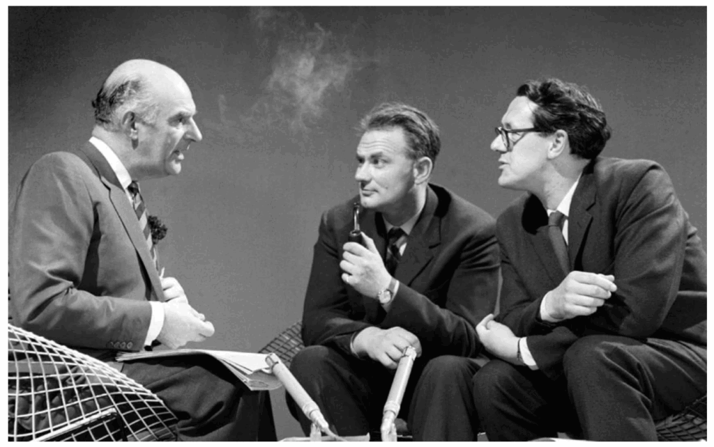 Kenneth Horne, Patrick Moore, and Brian Aldiss during the BBC TV programme Lets Imagine Picture: BBC Credit: BBC